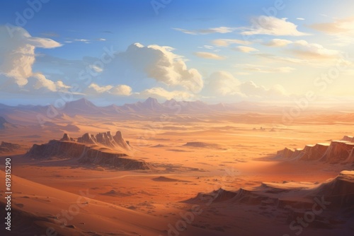 A vast desert landscape with sand dunes.