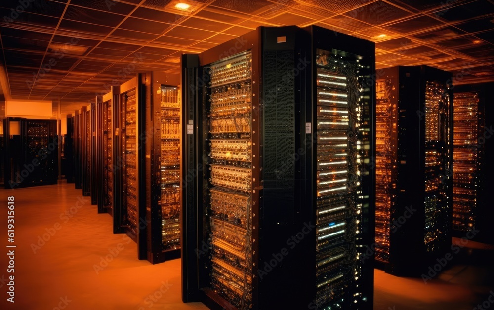 The data center in the server room with supercomputer. 