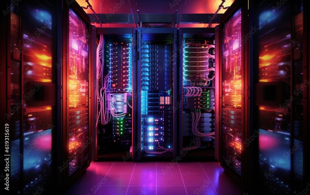 The data center in the server room with supercomputer. The data center in the server room with supercomputer.