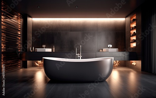 A modern black tiles bathroom with a black bathtub.