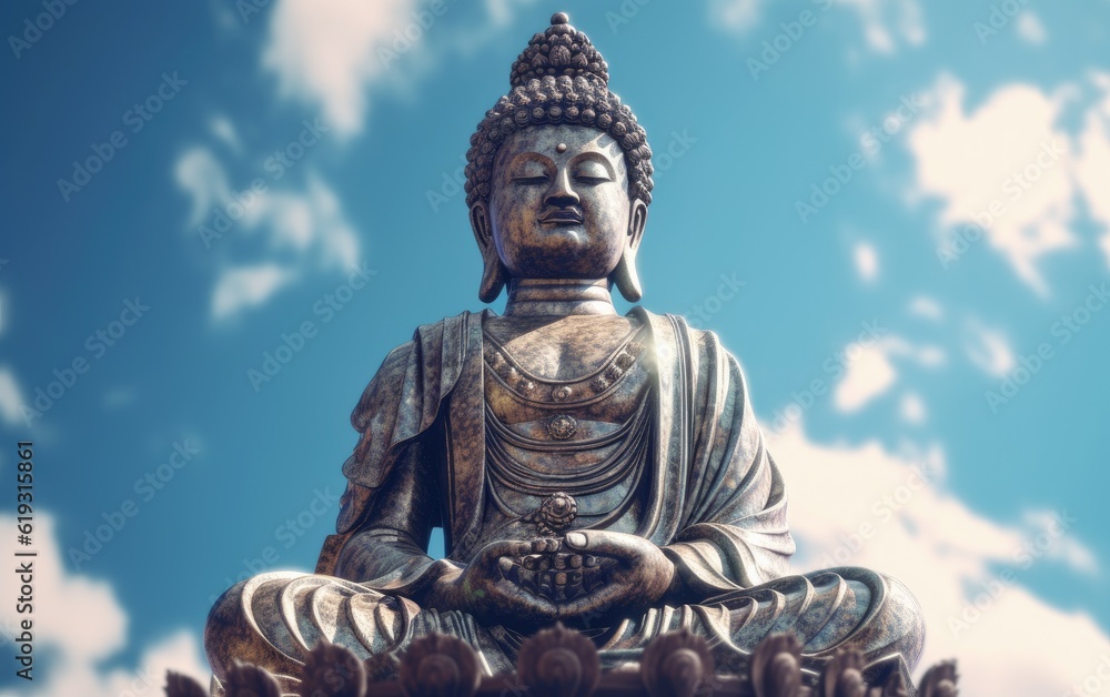 The statue of Buddha sits outdoor with a blue sky. The statue of Buddha sits outdoor with a blue sky.
