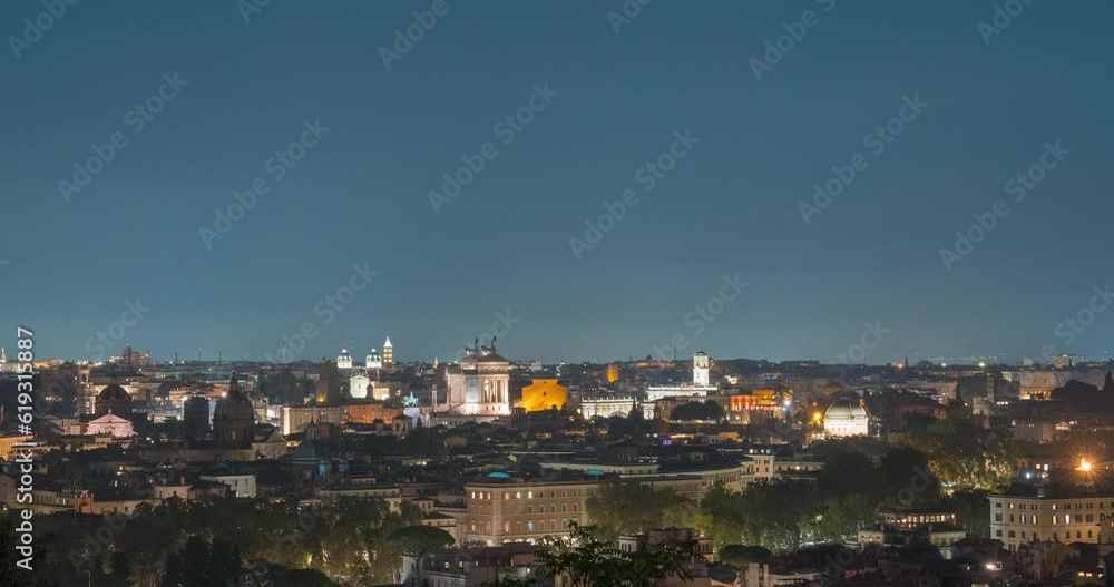 4K Panoramic rooftop view of the beautiful cityscape of Rome with mountains beyound the city and clouds in night sky in time-lapse. Roma from above, from the hill of Terrazza del Pincio. Italy. 4K Panoramic rooftop view of the beautiful cityscape of Rome with mountains beyound the city and clouds in night sky in time-lapse. Roma from above, from the hill of Terrazza del Pincio. Italy.