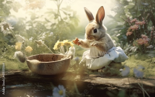 A cute rabbit does laundry in the flower garden.