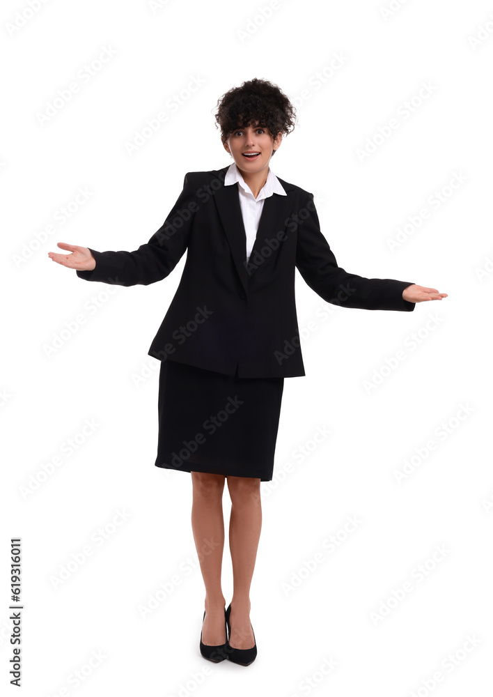 Beautiful emotional businesswoman in suit on white background Beautiful emotional businesswoman in suit on white background