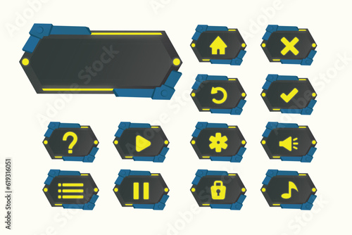 set of icons game UI button robotic or tech theme vector design concept in black and yellow color  design 