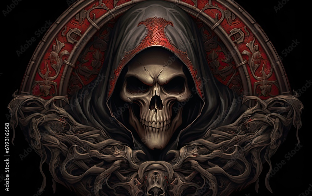 Fototapeta premium A skeleton wearing a red cloak.