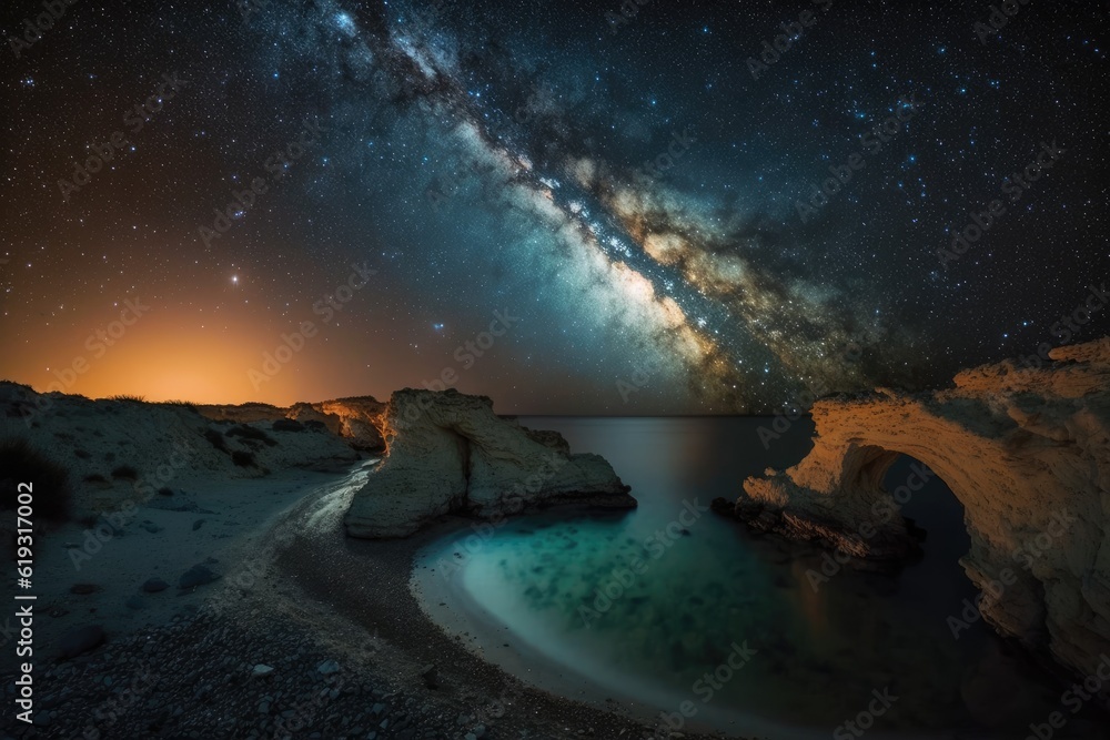 Milky Way over serene water. Generative AI