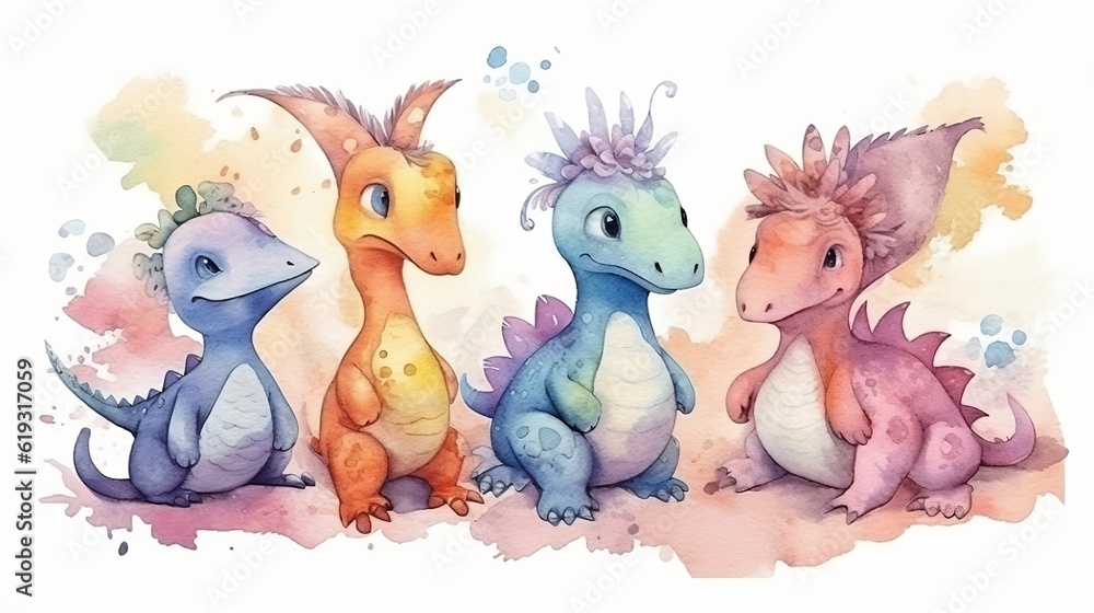 Naklejka premium Dinosaurs watercolor illustration. Generative AI