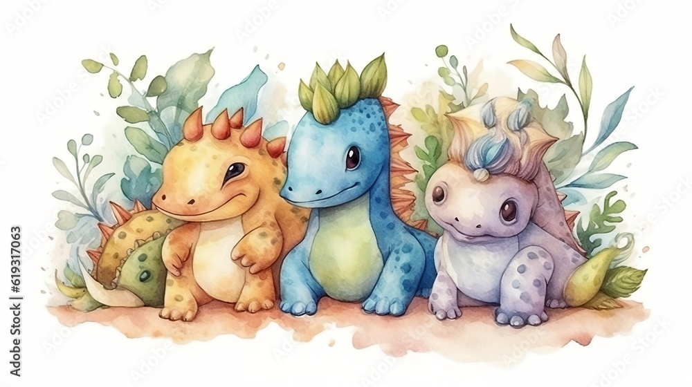 Naklejka premium Dinosaurs watercolor illustration. Generative AI