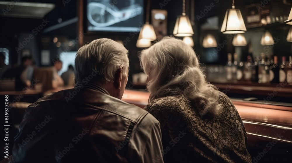 Back view senior couple in the bar. Generative AI Back view senior couple in the bar. Generative AI