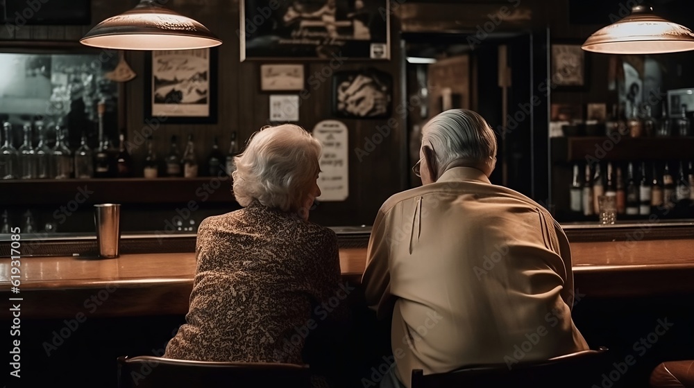 Back view senior couple in the bar. Generative AI