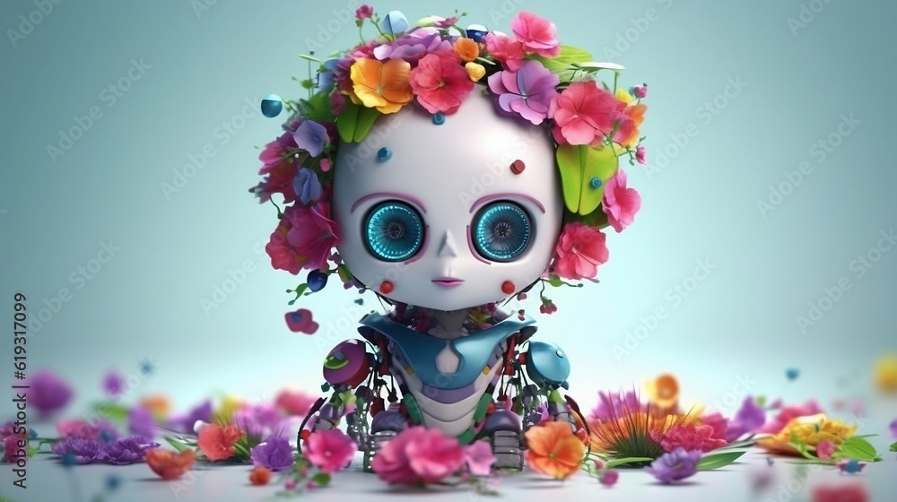 Cute robot in flowers. Generative AI Cute robot in flowers. Generative AI