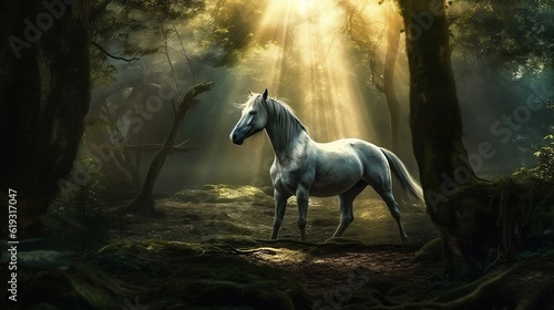 Unicorn In the forest. Generative AI © Kateryna Kordubailo