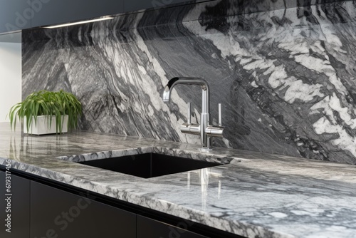  stylish kitchen with marble counter, sink and faucet. Generative AI