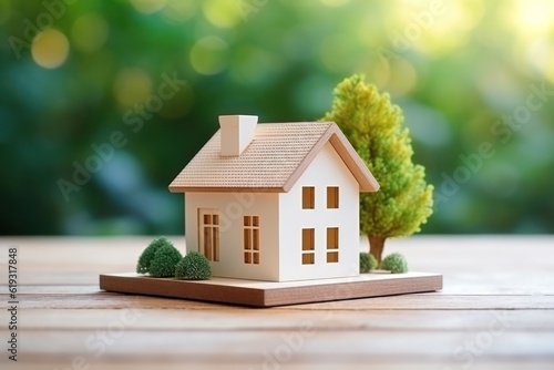 House model with blur nature background, money, saving and investment or family planning concept. Generative Ai.