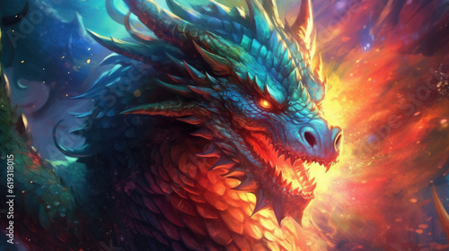Prepare to be enthralled by the mesmerizing portrait of a colossal dragon, where every detail of its majestic form and awe-inspiring nature is brought to life. AI generated © Valeriia