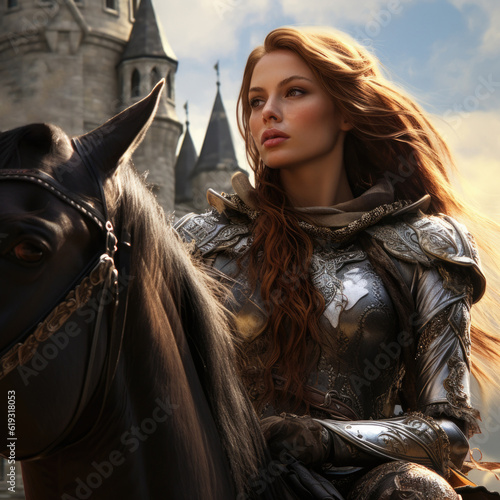 realm of magic and wonder with a bewitching enchantress and her magical equine companion. woman Warrior in armor AI generated