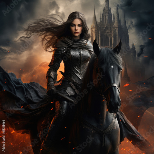 Discover the extraordinary tale of a spellbinding sorceress and her mystical horse in a mesmerizing fantasy realm. Woman in black armor on a black horse. AI generated