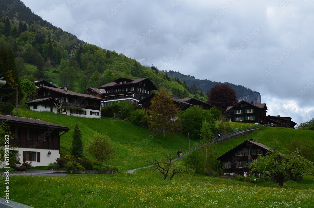 Picturesque view of village and forest in high mountains Picturesque view of village and forest in high mountains