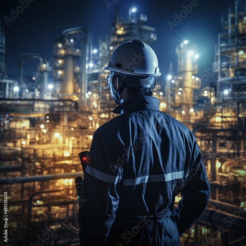 At back of the Workers engineer in Oil and gas industrial, Oil refinery plant from industry, Refinery Oil storage tank and pipe line steel. Non-existent person. Generative Ai © Kowit