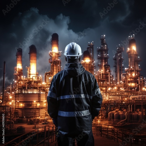 At back of the Workers engineer in Oil and gas industrial, Oil refinery plant from industry, Refinery Oil storage tank and pipe line steel. Non-existent person. Generative Ai