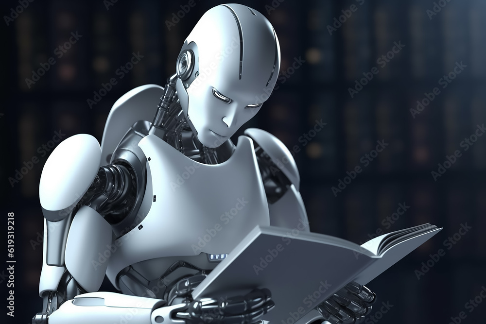 Very cute robot studying with books Very cute robot studying with books