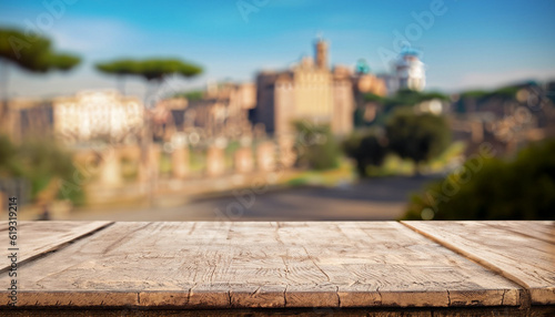 Fototapeta Naklejka Na Ścianę i Meble -  The empty wooden table top with blur background of Rome. Exuberant image.
