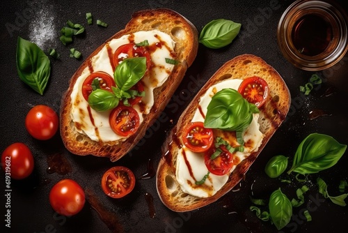 classic Italian dish - Bruschetta with Mozzarella and Tomatoes. Generative AI
