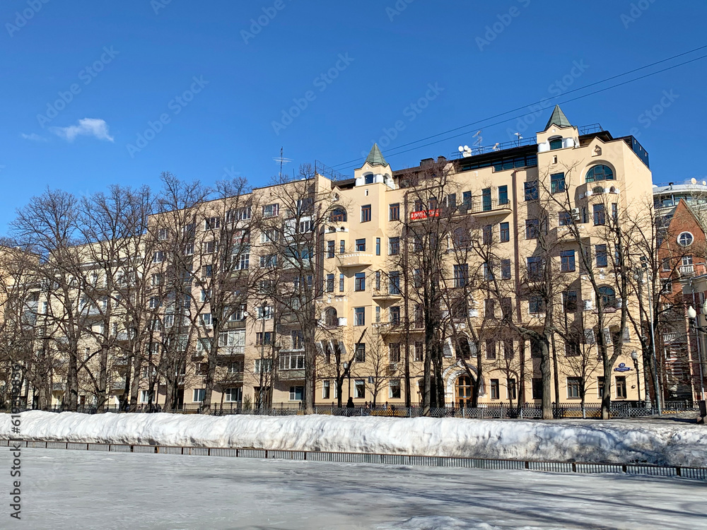 Moscow, Russia, March, 15, 2022. 34 Malaya Bronnaya Street and Patriarch's Pond in Moscow in  clear March day. Russia