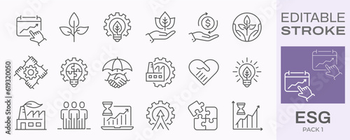 ESG icons, such as environment social governance, risk management, financial performance, sustainable developmen and more. Editable stroke.