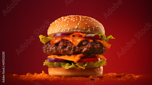 A hamburger, over a red background, made with ai generative
