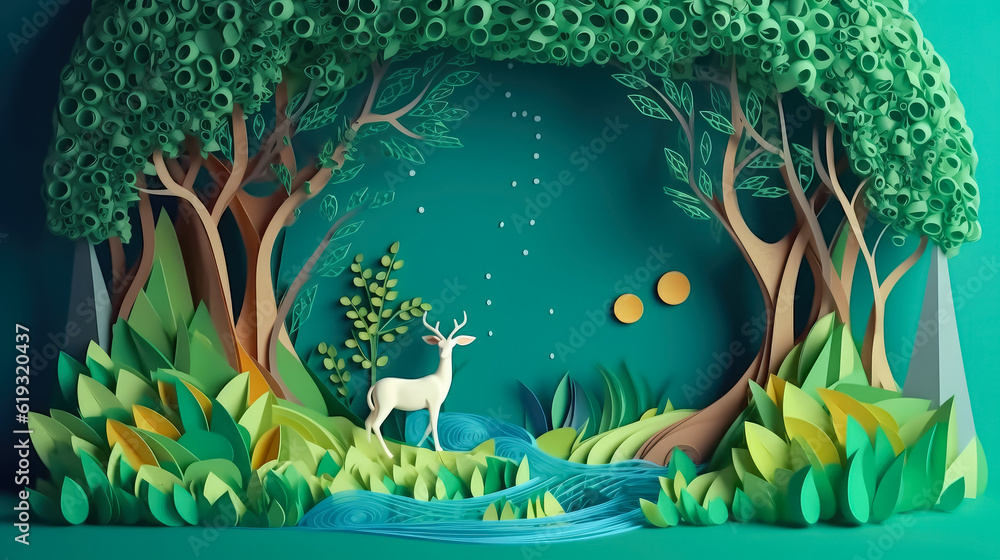Fototapeta Paper cut art , Green forest and deers wildlife with nature background , ecology and environment conservation concept , Created with Generative Ai Technology