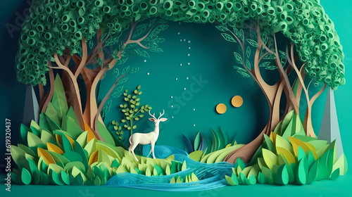 Paper cut art , Green forest and deers wildlife with nature background , ecology and environment conservation concept , Created with Generative Ai Technology