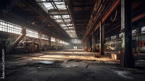 Territory of abandoned industrial area waiting for demolition. Broken and burnt buildings. Ai generative