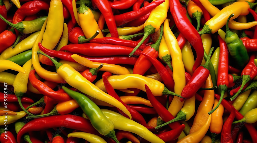 Background of fresh chilli arranged together representing concept of health diet. Top view. Generative Ai Background of fresh chilli arranged together representing concept of health diet. Top view. Generative Ai