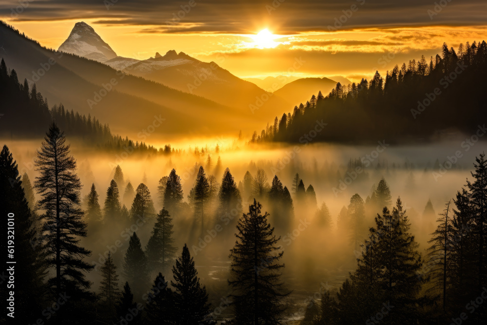 Sunrise over mountains covered in fog with trees