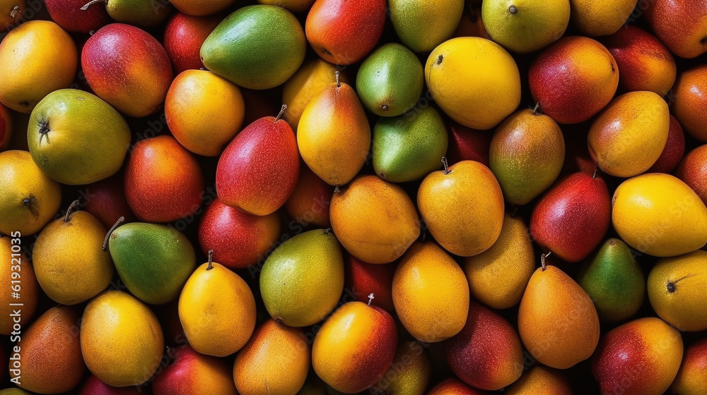 Background of fresh mango arranged together representing concept of health diet. Top view. Generative Ai Background of fresh mango arranged together representing concept of health diet. Top view. Generative Ai