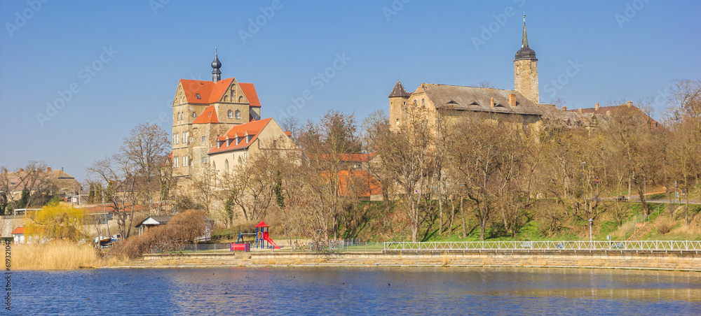 Panorama of the Susser See lake and the historic castle in Seeburg, Germany