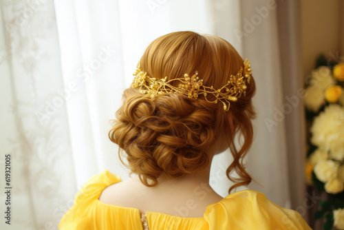 A woman in a yellow dress has gold floral ornaments in her hair