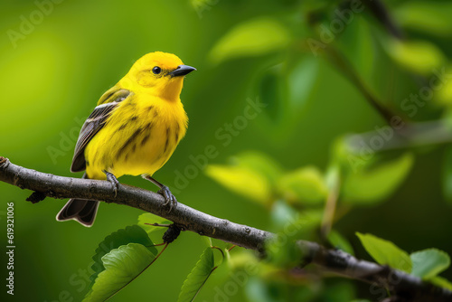 A yellow bird perched on a branch with a green background