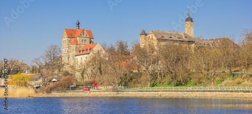 Panorama of the Susser See lake and the historic castle in Seeburg, Germany photo