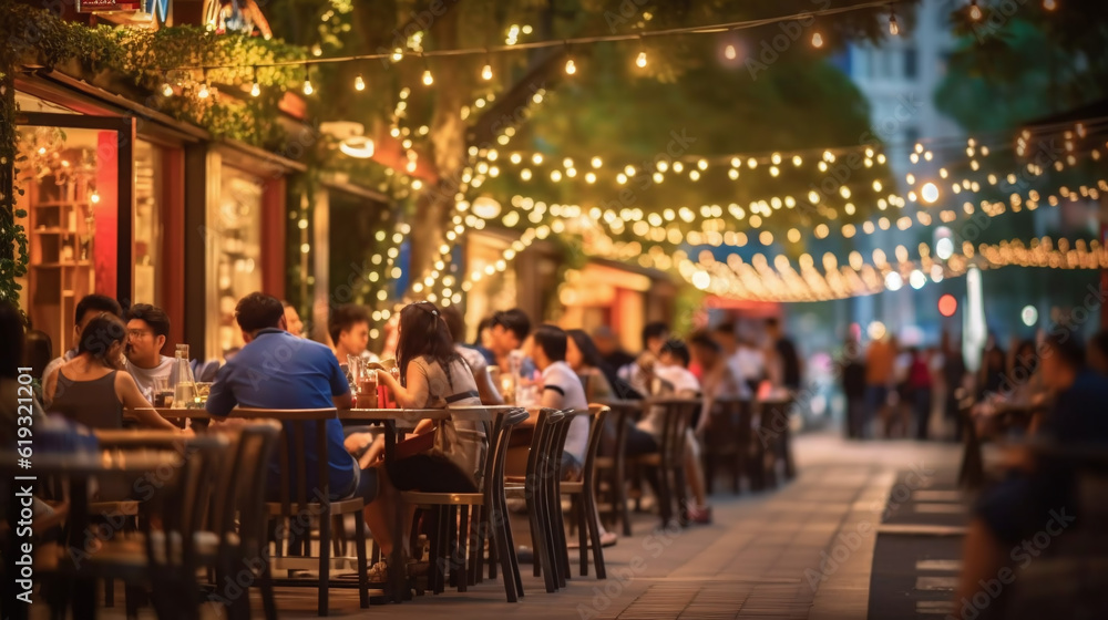 Bokeh background of Street Bar beer restaurant, outdoor in asia, People sit chill out and hang out dinner and listen to music together in Avenue, Happy life ,work hard play hard. Generative Ai - obrazy, fototapety, plakaty 