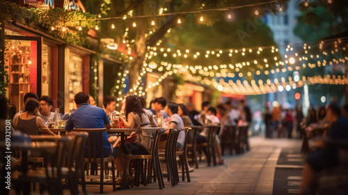 Bokeh background of Street Bar beer restaurant, outdoor in asia, People sit chill out and hang out dinner and listen to music together in Avenue, Happy life ,work hard play hard. Generative Ai photo