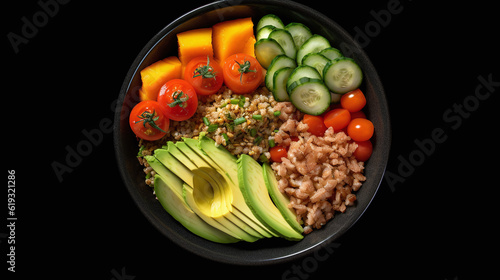 Buddhist bowl. Buckwheat  pumpkin  chicken fillets  avocados  carrots. On a dark background. Top view. Generative Ai