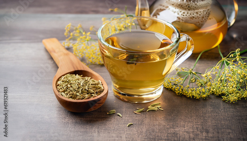 Herbal infusion fennel tea in glass cup and glass tea pot with dried fennel seeds in wooden shovel. Herbal tea alternative medicine background concept. photo