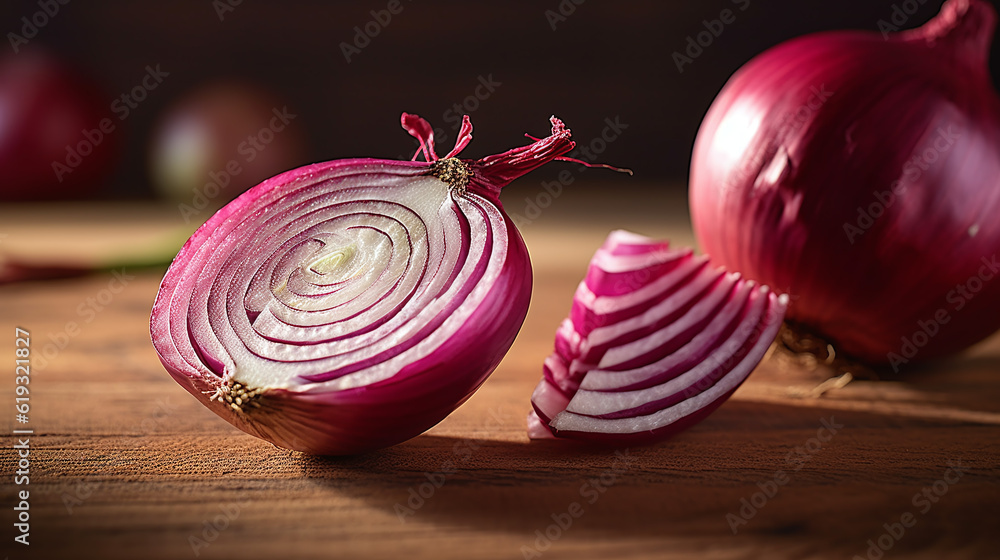close up of sliced red onion and whole red onion on a wooden table. Generative Ai - obrazy, fototapety, plakaty 