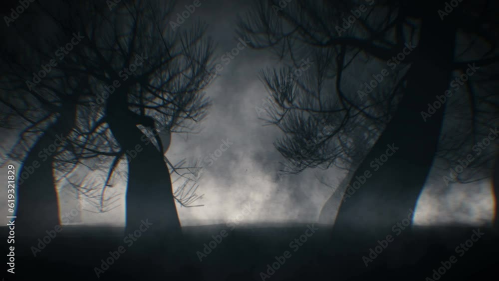 Halloween forest background with mysterious forest and fog for horror or halloween projects