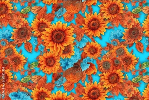 vibrant blue and orange background with bright yellow sunflowers