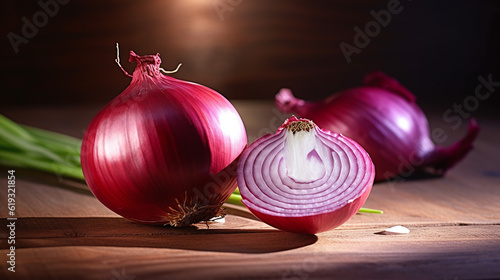 close up of sliced red onion and whole red onion on a wooden table. Generative Ai