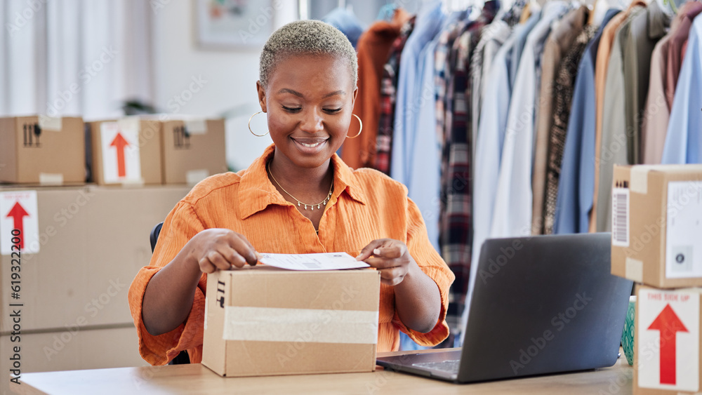 Black woman, fashion designer and label box in small business for courier service or delivery at boutique. Happy African female person packing parcel for order, payment or purchase in clothing store - obrazy, fototapety, plakaty 